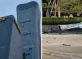 (Left) Damage to Beijing's CITIC Tower (Right) Aircraft wreckage (right) after a small plane crashed into the city's tallest skyscraper.