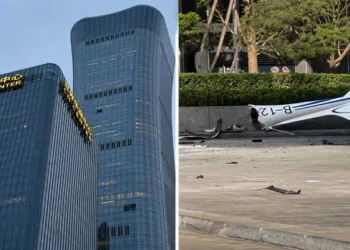 (Left) Damage to Beijing's CITIC Tower (Right) Aircraft wreckage (right) after a small plane crashed into the city's tallest skyscraper.