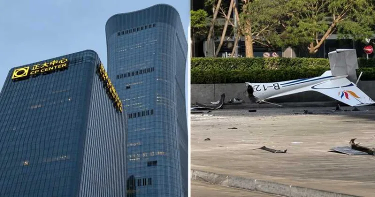 (Left) Damage to Beijing's CITIC Tower (Right) Aircraft wreckage (right) after a small plane crashed into the city's tallest skyscraper.