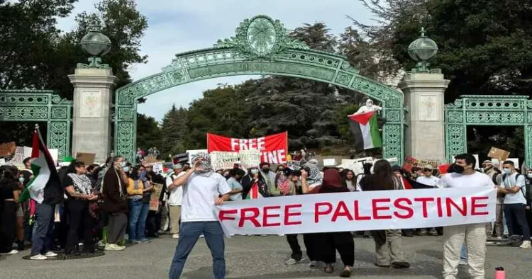 A student protest about the Israeli war on Gaza takes place at the University of California, Berkeley's Sather Gate on October 16, 2023