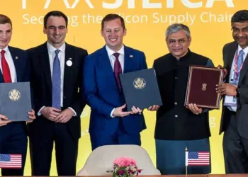 Union Minister Ashwini Vaishnaw, US Ambassador to India Sergio Gor, US Under Secretary of State Jacob Helberg, and officials at a ceremony in New Delhi as India formally joined Pax Silica in February 2026