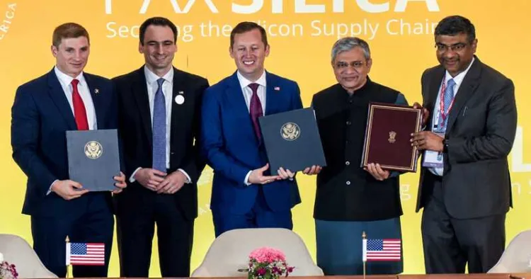 Union Minister Ashwini Vaishnaw, US Ambassador to India Sergio Gor, US Under Secretary of State Jacob Helberg, and officials at a ceremony in New Delhi as India formally joined Pax Silica in February 2026
