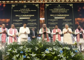 Vice President C.P. Radhakrishnan launches the national Letter of Authorisation (LoA) programme for sustainable high seas fishing at OUAT, Bhubaneswar, in the presence of other dignitaries