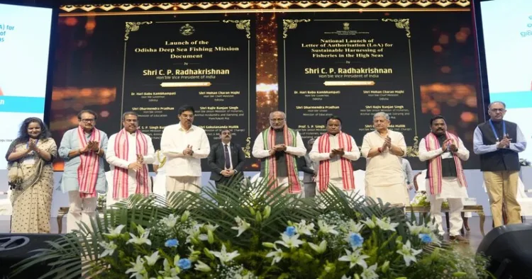 Vice President C.P. Radhakrishnan launches the national Letter of Authorisation (LoA) programme for sustainable high seas fishing at OUAT, Bhubaneswar, in the presence of other dignitaries