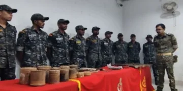Recovered arms and ammunition from a Maoist dump in Koraput district
