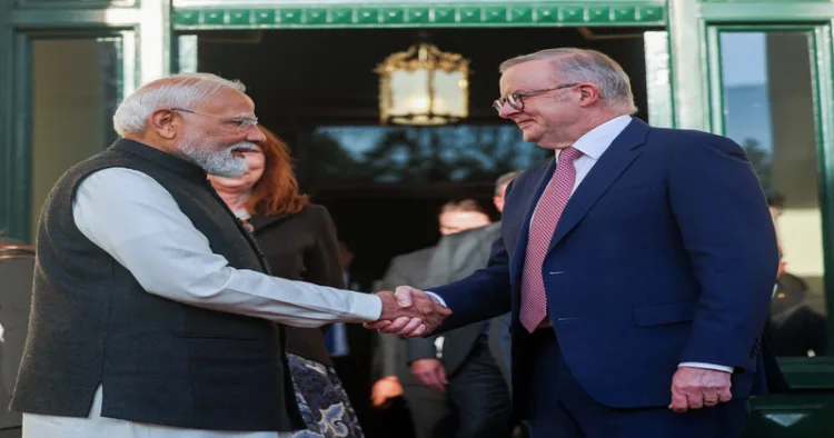 Melbourne [Australia], Jul 09 (ANI): Prime Minister Narendra Modi and Australian Prime Minister Anthony Albanese exchange a handshake, in Melbourne on Thursday. (@narendramodi X/ANI Photo)