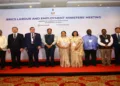 Union Minister Dr. Mandaviya with the dignitaries on the stage at the BRICS Trade Union Forum Summit