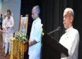 (Left) Rajasthan Chief Minister Bhajan Lal Sharma lights the ceremonial lamp (Right) Pragya Pravah National Convenor J Nandakumar