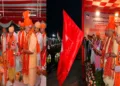(Left) J&K LG Manoj Sinha performing puja (Right) LG Manoj Sinha flags off the bus carrying pilgrims for the Amarnath Yatra