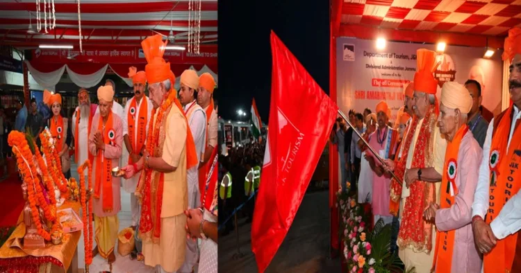 (Left) J&K LG Manoj Sinha performing puja (Right) LG Manoj Sinha flags off the bus carrying pilgrims for the Amarnath Yatra