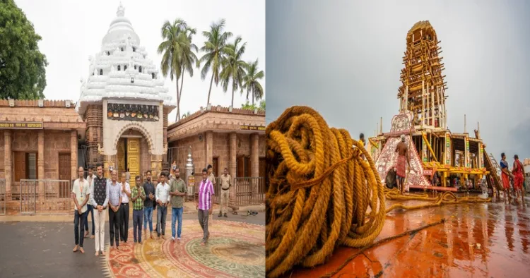 (Left) SJTA Chief Administrator Dr. Arvind Kumar Padhee reviews works at Shri Gundicha Temple in preparation for Rath Yatra 2026 (Right) Construction of the three sacred chariots for Mahaprabhu Jagannath, Balabhadra and Devi Subhadra is progressing steadily ahead of the Holy Shree Gundicha Yatra (Rath Yatra) 2026 in Puri