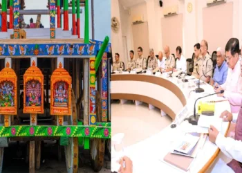 (Left) Rath to be used at Puri Jagannath Yatra (Right) Odisha Chief Minister Shri Mohan Charan Majhi reviews Rath Yatra preparations at Lok Seva Bhawan on July 10, 2026