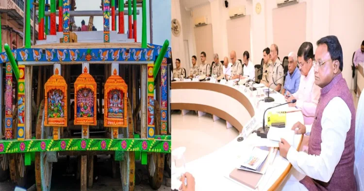 (Left) Rath to be used at Puri Jagannath Yatra (Right) Odisha Chief Minister Shri Mohan Charan Majhi reviews Rath Yatra preparations at Lok Seva Bhawan on July 10, 2026