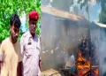 (Left) Accused Noor Hussain arrested by police (Right) House of accused Noor set ablaze by angry locals