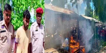 (Left) Accused Noor Hussain arrested by police (Right) House of accused Noor set ablaze by angry locals