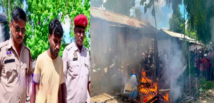 (Left) Accused Noor Hussain arrested by police (Right) House of accused Noor set ablaze by angry locals