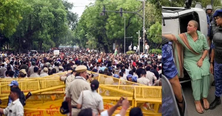(Left) Protesters at Jantar Mantar (Right) Mana sitting in a police van