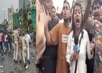 (Left) Clash between police and protesters in Kolkata (Right) Attempts were made to heckle the reporter in Kolkata during a protest