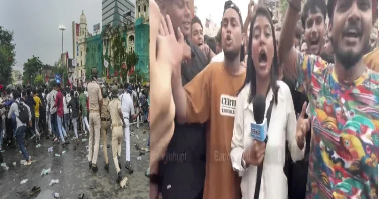 (Left) Clash between police and protesters in Kolkata (Right) Attempts were made to heckle the reporter in Kolkata during a protest
