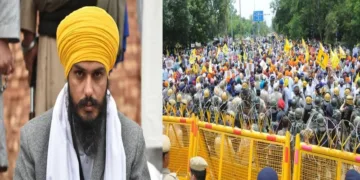 (Left) Khadoor Sahib MP Amritpal Singh (Right) Akali Dal-Waris Punjab De clashed with the police during protest march seeking the release of Amritpal