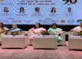 Dignitaries on the stage on the occasion of 90 years of Rashtra Sevika Samiti and celebration of birth anniversary of its founder Lakshmibai Kelkar