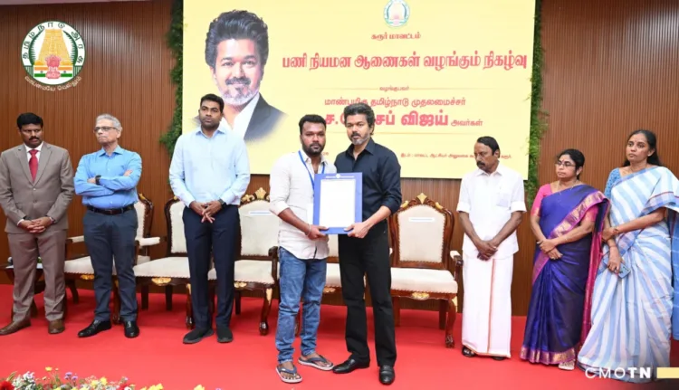 Tamil Nadu Chief Minister S. Joseph Vijay hands over compassionate appointment orders to 31 legal heirs of Karur stampede victims on July 10, 2026
