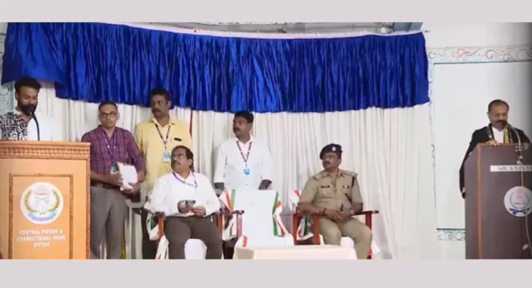 Tiruvananthapuram Mayor Adv. V.V. Rajesh administers oath to BJP councillor R. Sugatan at Viyyoor Central jail, Thrissur