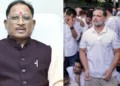 Chhattisgarh CM Vishnu Deo Sai (Left), Rahul Gandhi During the protest at PM House (Right)