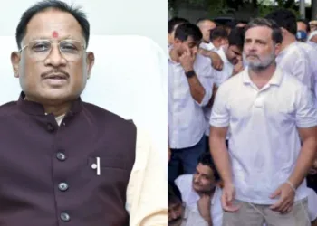 Chhattisgarh CM Vishnu Deo Sai (Left), Rahul Gandhi During the protest at PM House (Right)