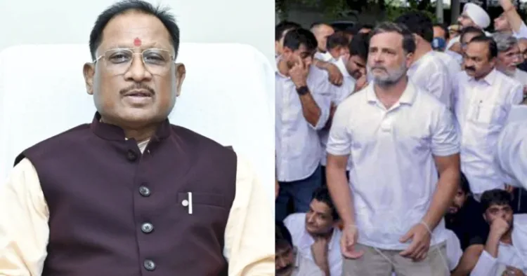 Chhattisgarh CM Vishnu Deo Sai (Left), Rahul Gandhi During the protest at PM House (Right)