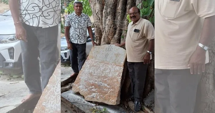 History researcher M Narendra (Left) and Epigraphist K Dhanpal (Right) with the newly discovered 1750 inscription at Dibburu village in Hesaraghatta Hobli