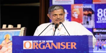 Rashtriya Swayamsevak Sangh (RSS) Sarkaryavah Dattatreya Hosabale addressing the gathering on the occasion of 80 years of Organiser's Foundation Day