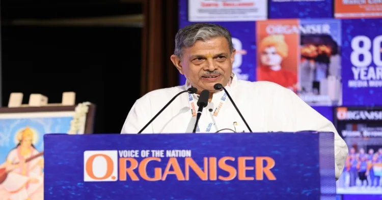 Rashtriya Swayamsevak Sangh (RSS) Sarkaryavah Dattatreya Hosabale addressing the gathering on the occasion of 80 years of Organiser's Foundation Day