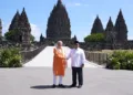 Prime Minister Narendra Modi and Indonesian President Prabowo Subianto at the Prambanan Mandir complex in Yogyakarta, Indonesia
