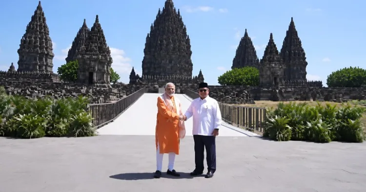 Prime Minister Narendra Modi and Indonesian President Prabowo Subianto at the Prambanan Mandir complex in Yogyakarta, Indonesia