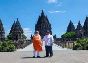Prime Minister Narendra Modi and Indonesian President Prabowo Subianto at the Prambanan Mandir complex in Yogyakarta, Indonesia