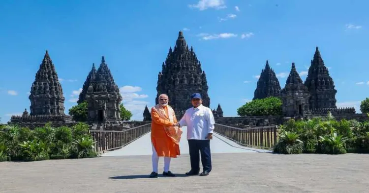 Prime Minister Narendra Modi and Indonesian President Prabowo Subianto at the Prambanan Mandir complex in Yogyakarta, Indonesia