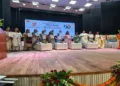 Dignitaries on the stage to mark 90 years of Rashtra Sevika Samiti