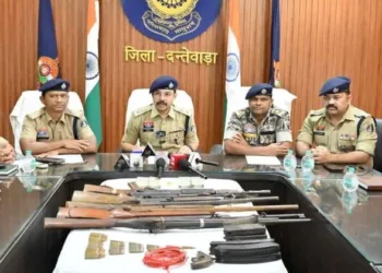 Police officials during a press conference in Dantewada following a major anti-Naxal operation