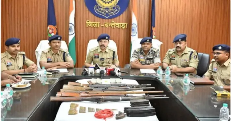 Police officials during a press conference in Dantewada following a major anti-Naxal operation
