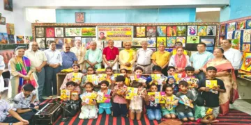 RSS functionaries with the children after the inauguration of the Mata Revati Bai Sanskar Kendra in Delhi