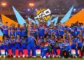 Indian cricketers celebrating victory