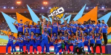 Indian cricketers celebrating victory