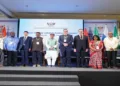 Dignitaries on the stage along with Telangana Governor at the 15th BRICS Trade Union Forum (BTUF) Summit-2026