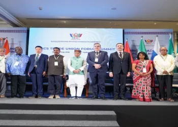 Dignitaries on the stage along with Telangana Governor at the 15th BRICS Trade Union Forum (BTUF) Summit-2026