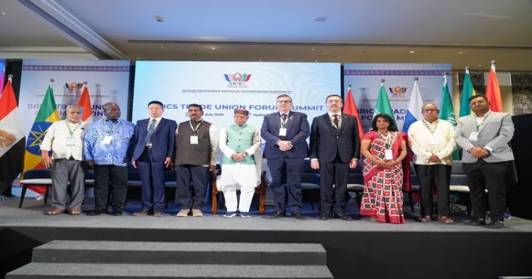 Dignitaries on the stage along with Telangana Governor at the 15th BRICS Trade Union Forum (BTUF) Summit-2026