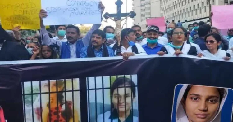 Demonstrators rally for justice for 13-year-old Christian girl Maria Shahbaz and other religious minority girls in Pakistan