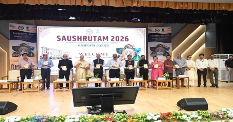 Dignitaries on the stage on the concluding session of Saushrutam 2026 that was organised of AIIA
