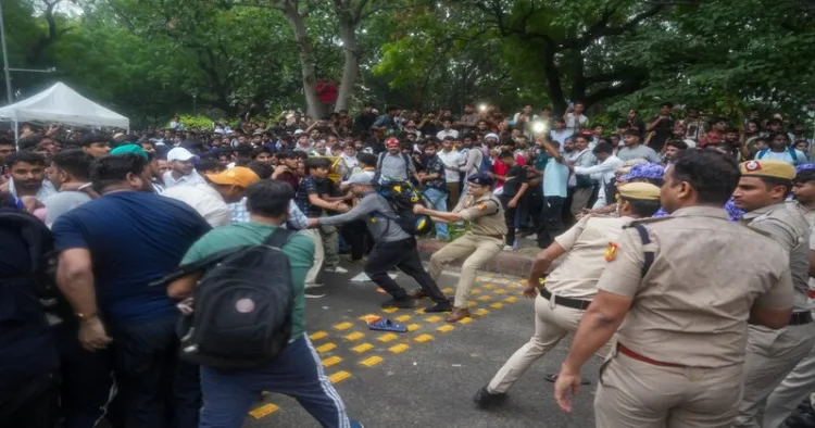 A CJP protest in Delhi turned violent, injuring police personnel, damaging government property, and triggering an investigation