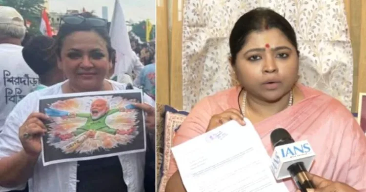 Sreelekha Mitra holding PM Modi poster (Left) & BJP leader Keya Ghosh (Right)